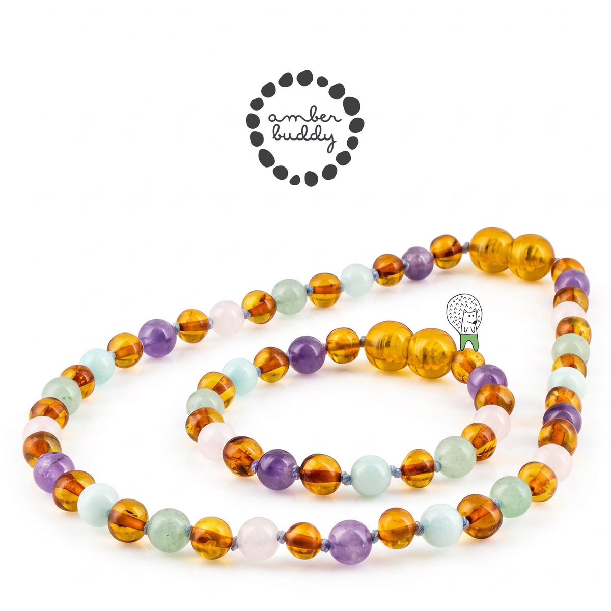 SET BAYI AMBER DENGAN ROSE QUARTZ, GREEN AVENTURINE, AMETHYST, SKY BLUE JADE. LE588