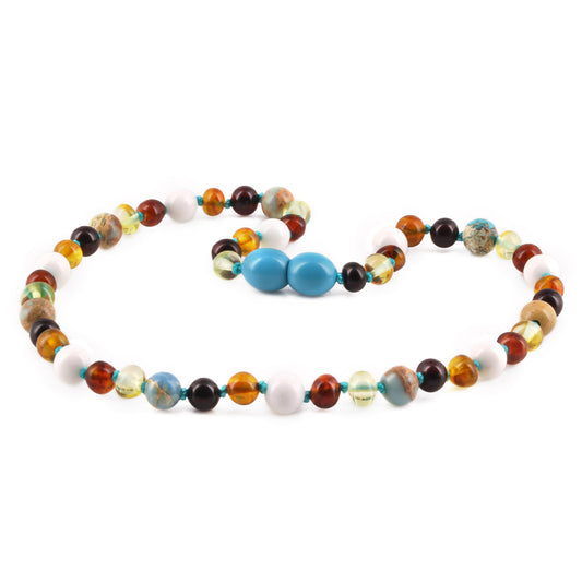KALUNG BAYI AMBER DENGAN SKY BLUE IMPERIAL JASPER DAN TRIDACNA SHELL. LE466-T